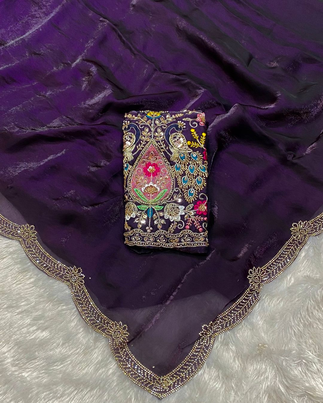Purple Colour Fandy Saree With Heavy work Blouse Piece