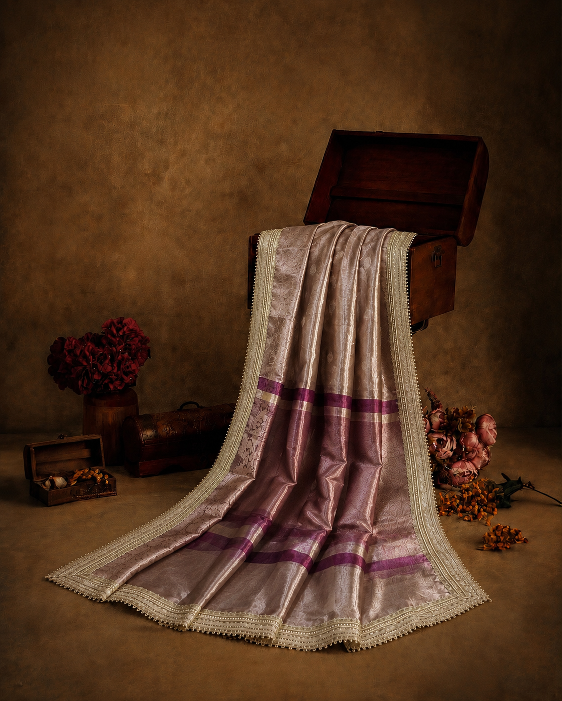 Wine Gold Colour Tissue Silk Saree