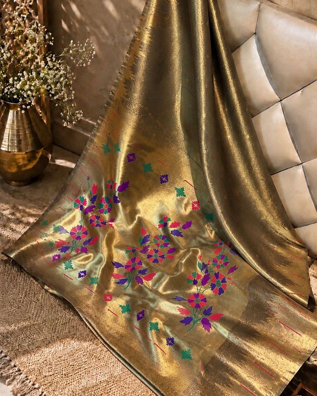 Luminous Gold Colour Shimmer Bamboo Tissue Silk Saree
