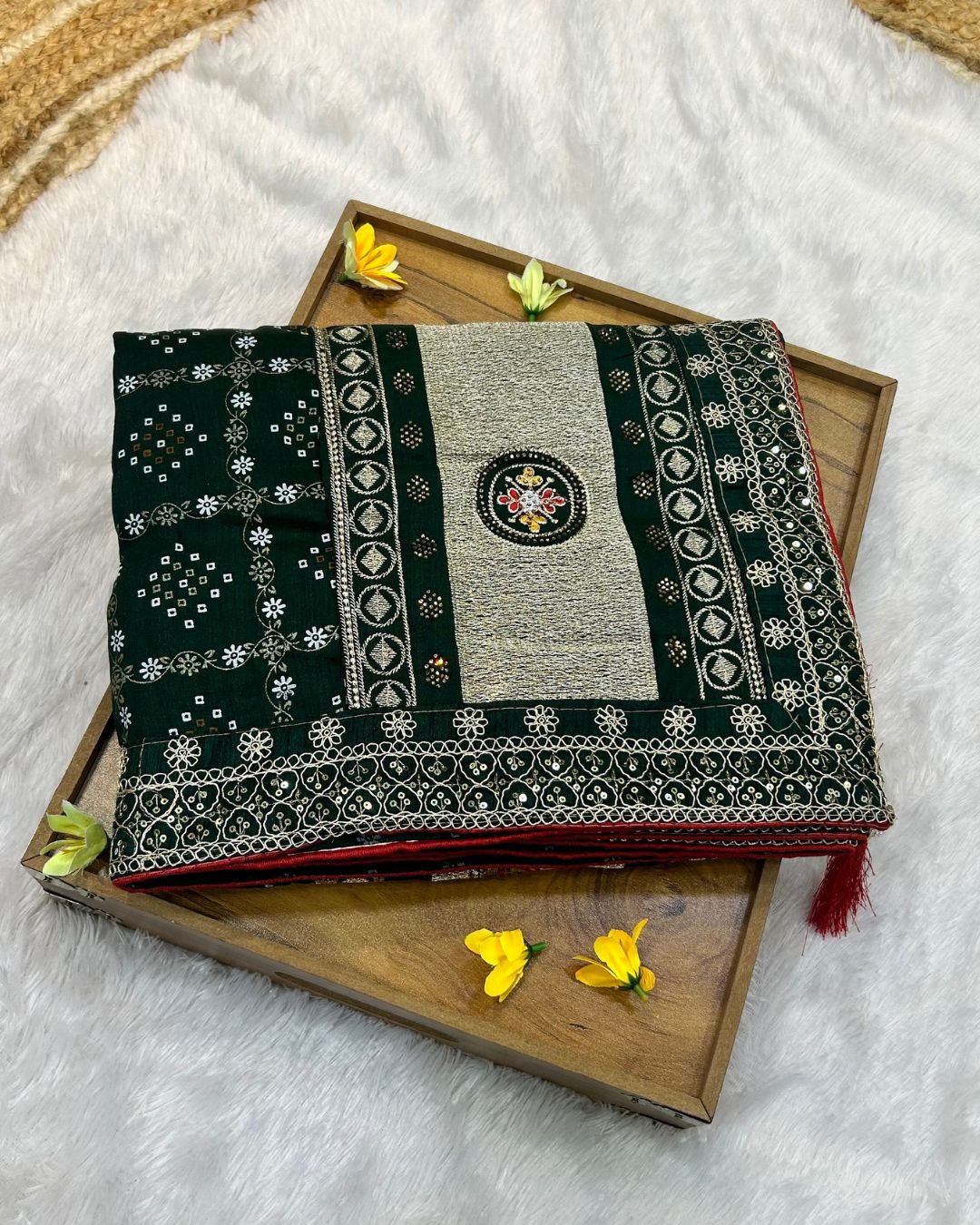 Dark Green Colour Crunchy Silk Work Saree