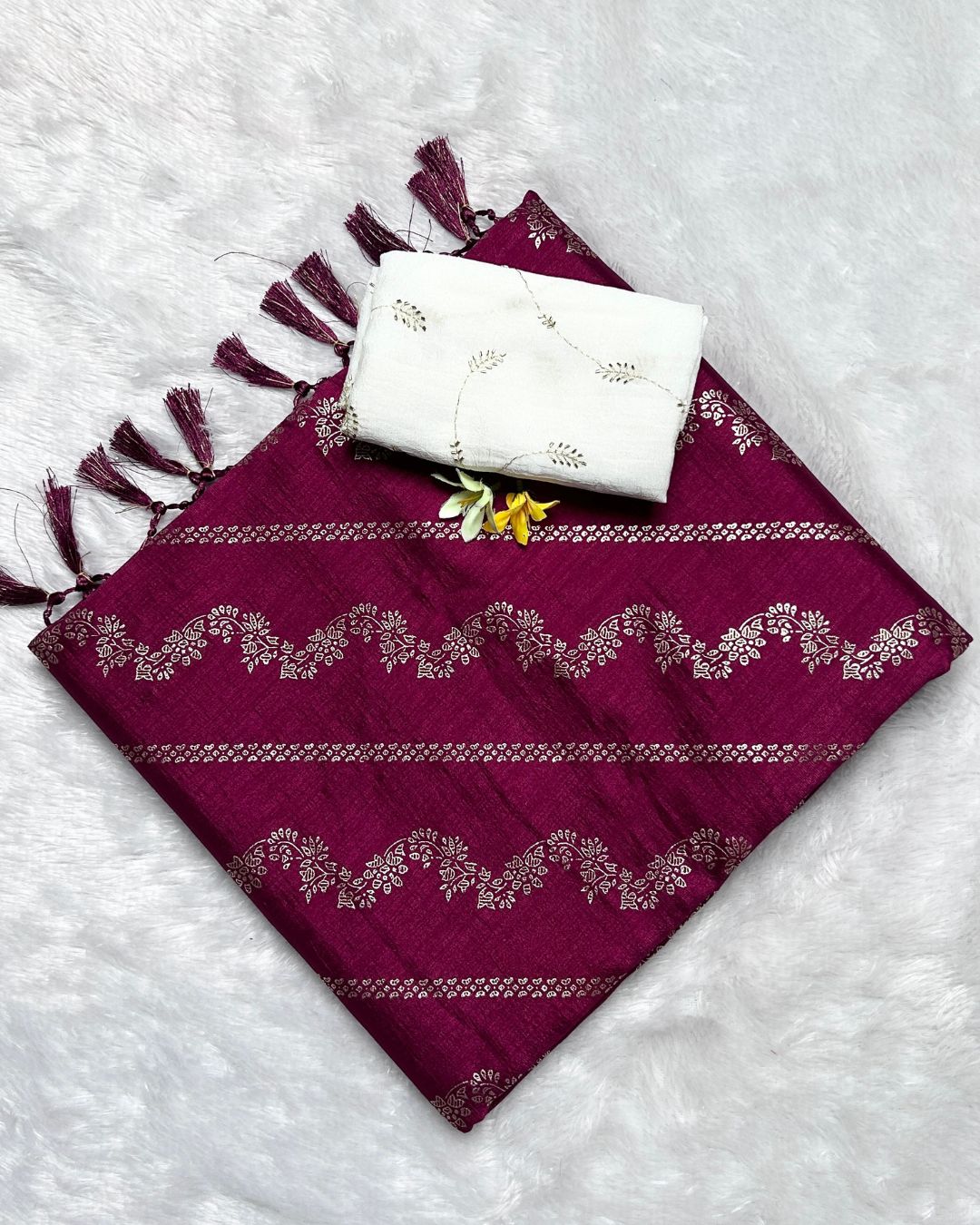 Maroon Colour Vichitra Silk Foil Print with Contrast Blouse Piece