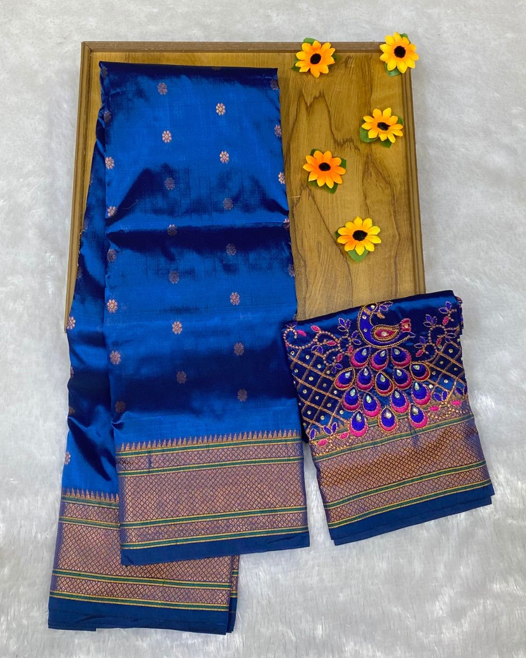 Blue Colour Kalanjali Paithani with Aari Work Blouse