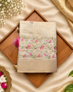 Golden Beige Tissue Cotton Saree with Elegant Pink Floral Thread Embroidery