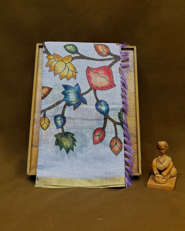 Light lavender Colour Lotus Flower Print  Linen Cotton Printed Saree