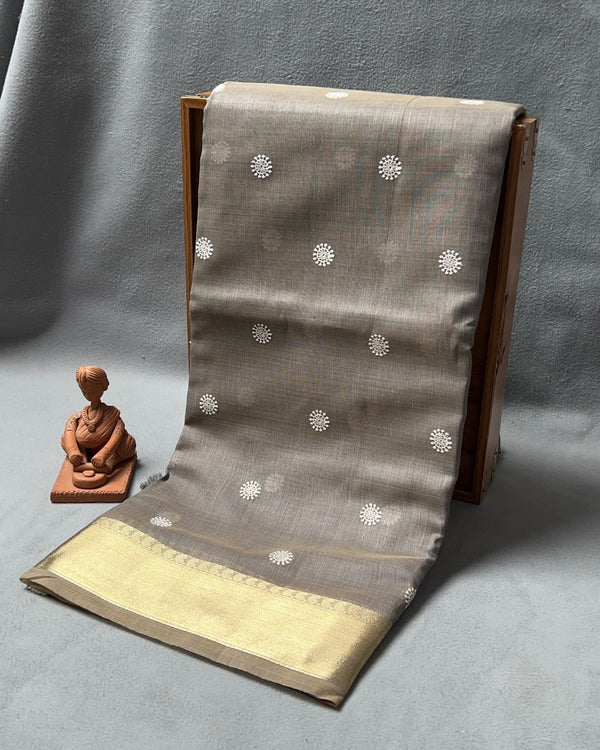Grey Saree with Butti Work & Golden Zari Border