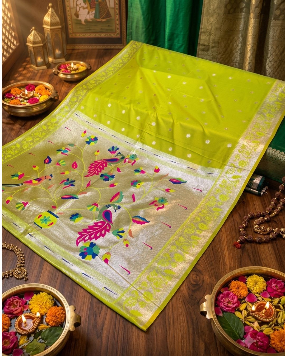 Parrot Green Colour Bamboo Paithani Saree M 15237