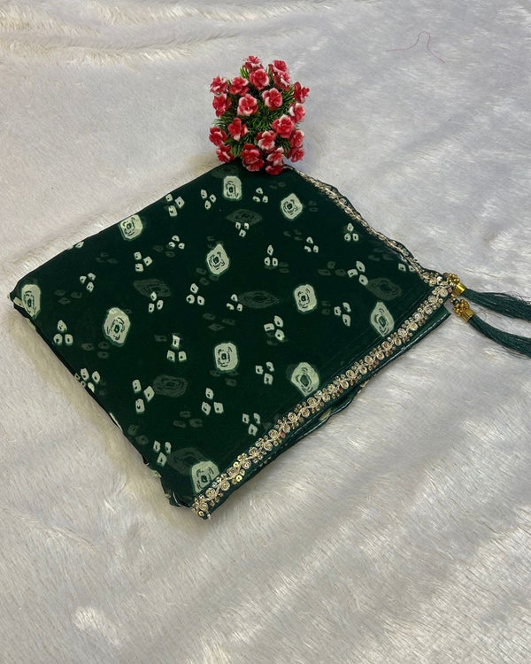 Green Colour Chiffon Batik Print lace Border Saree