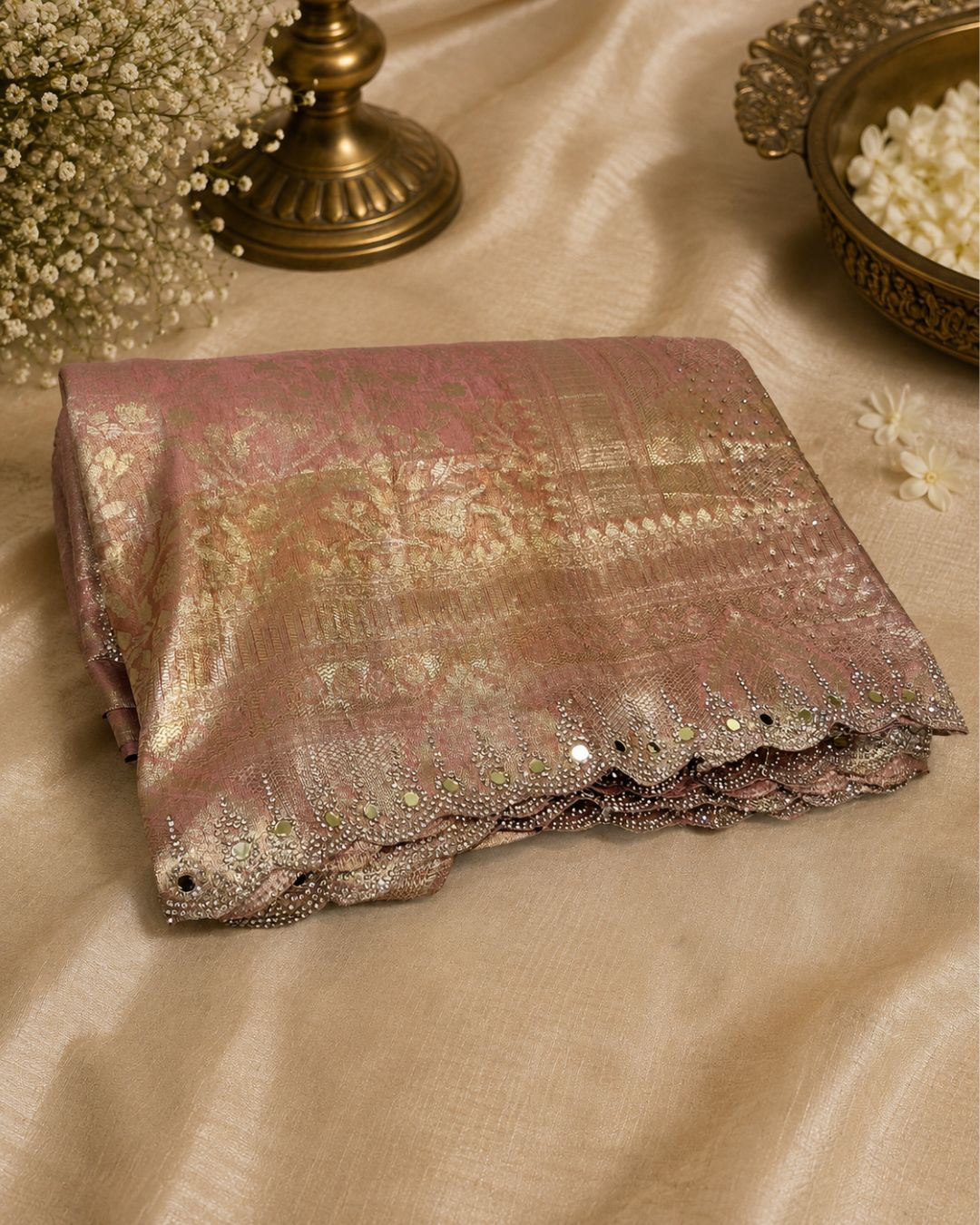 Peach Colour Jarkan Cut Work Border Tissue Silk Saree M 15238