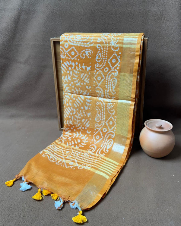 Mustard Yellow  Colour Cotton Batik Printed Saree