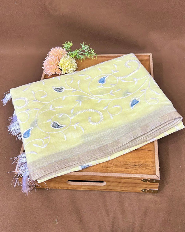 Lemon Yellow Colour Cotton Thread Work Saree