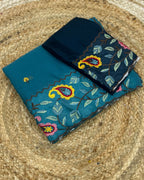 Dark Teal Green Colour Shimmer Georgette Thread Work Saree