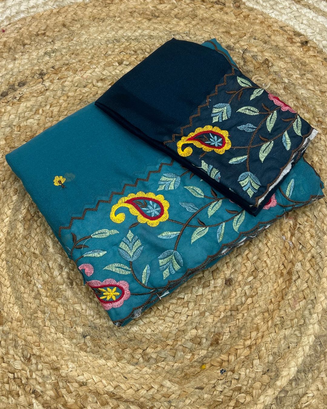 Dark Teal Green Colour Shimmer Georgette Thread Work Saree