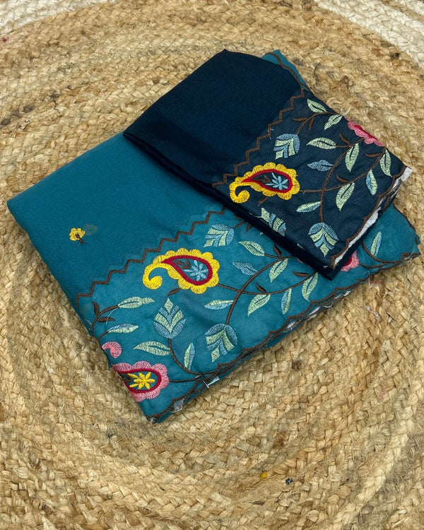 Dark Teal Green Colour Shimmer Georgette Thread Work Saree