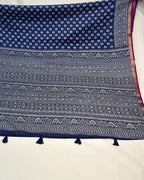Blue Colour Mal Cotton Indigo Printed Saree with Contrast Border