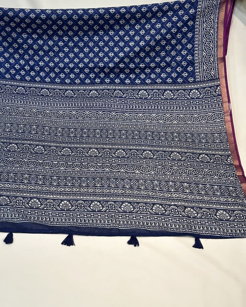 Blue Colour Mal Cotton Indigo Printed Saree with Contrast Border