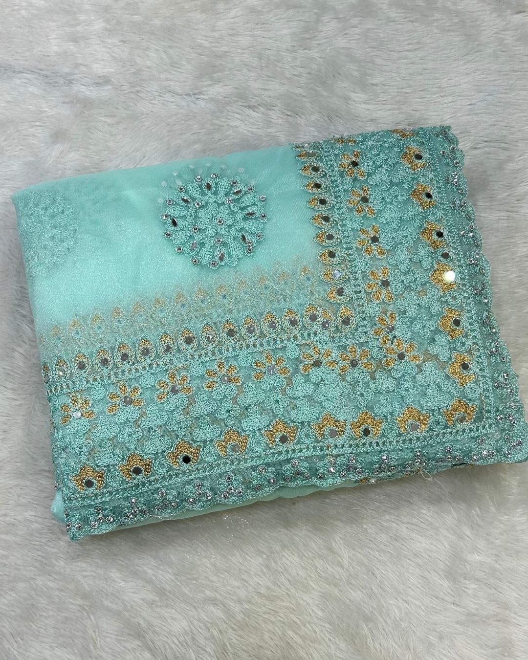 Turquoise Colour Twill Net Mirror Work Saree