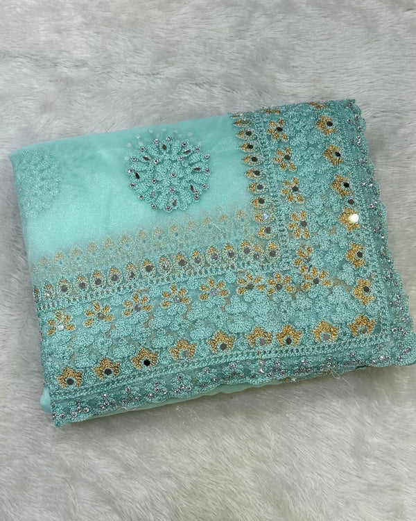 Turquoise Colour Twill Net Mirror Work Saree
