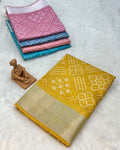 Mustard Yellow Colour Cotton-Blend Bandhani Printed Saree