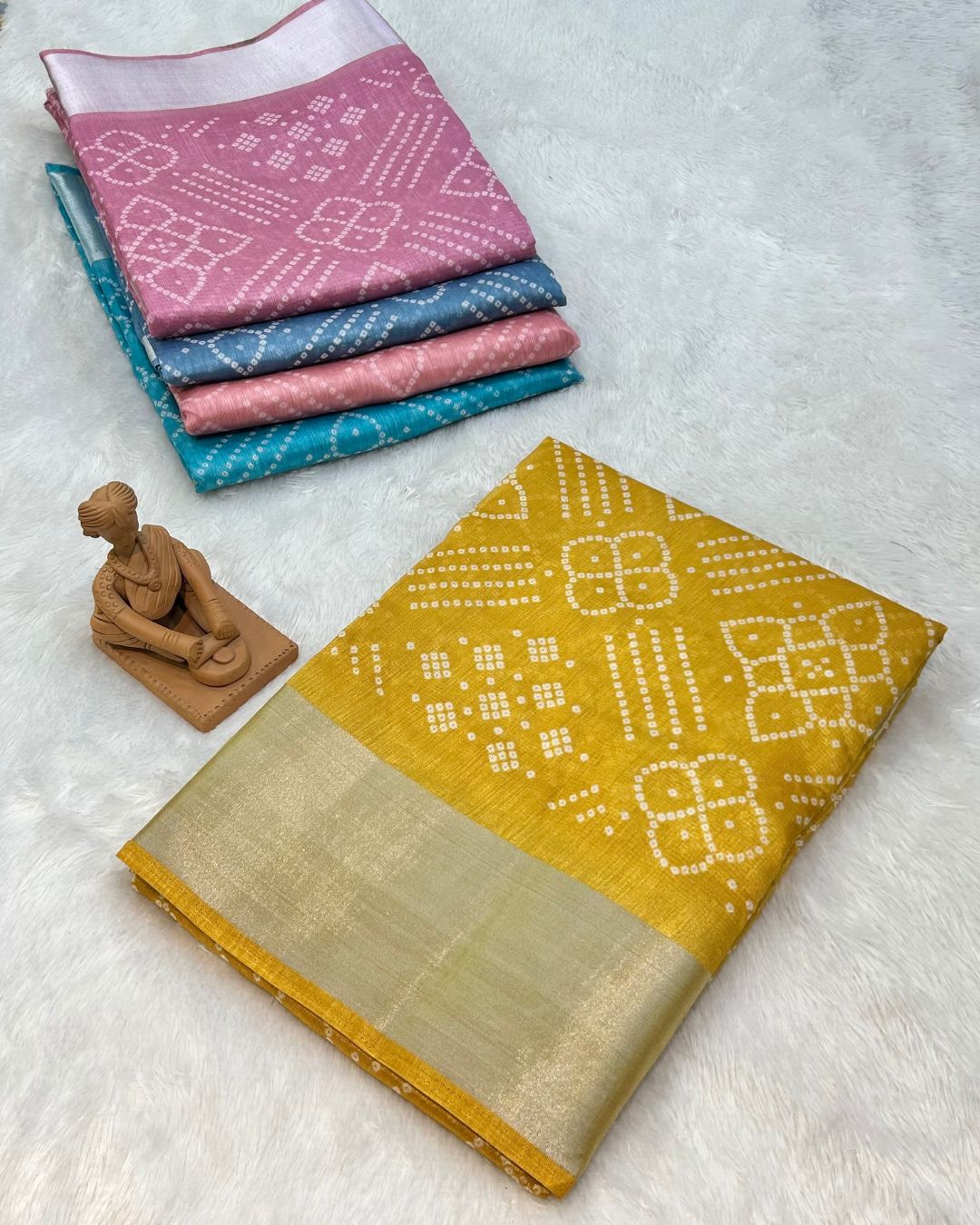 Mustard Yellow Colour Cotton-Blend Bandhani Printed Saree