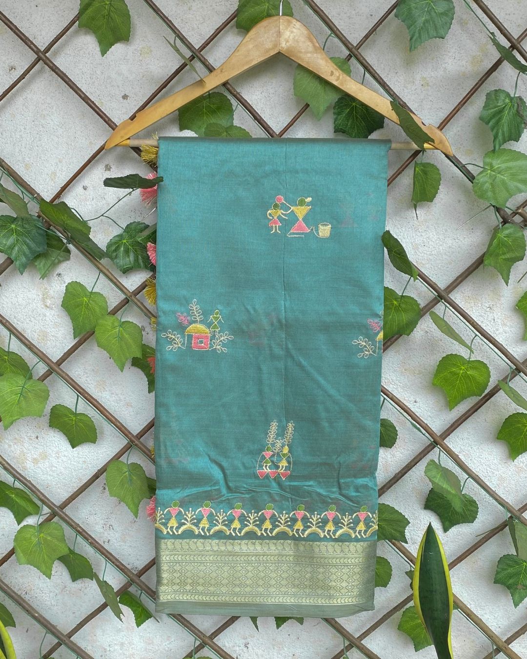 Dusty Teal Blue Colour Cotton Silk Warli Design Saree