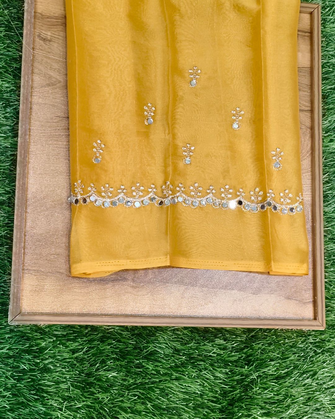 Ivory Colour Georgette Mirror Cut Work Saree