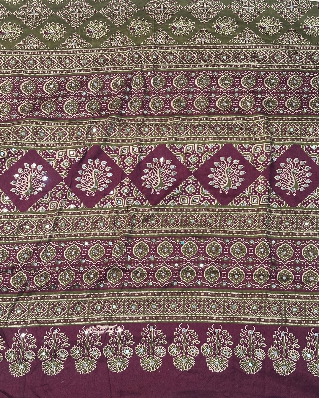 Mehendi Green Colour Ajrakh Print Mirror work Saree