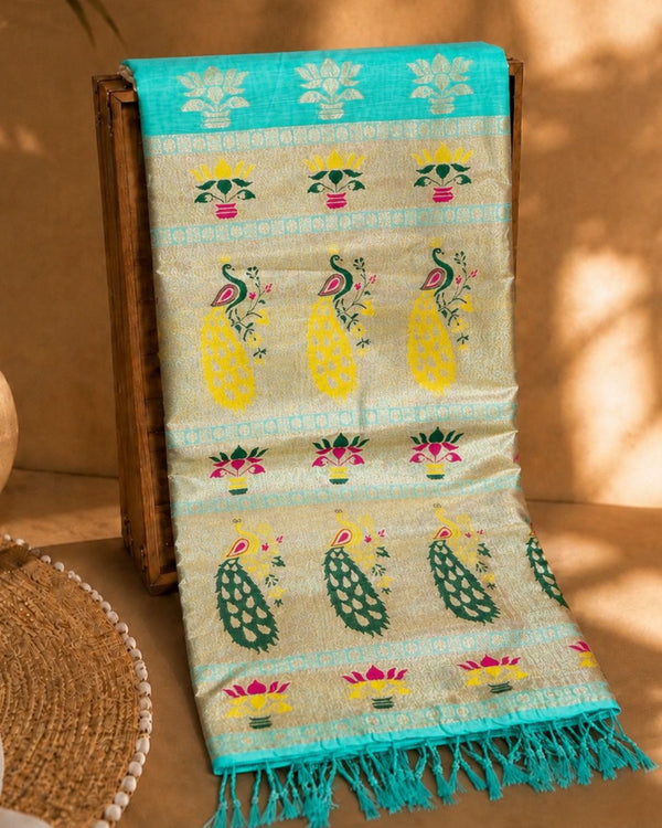 Turquoise Colour Cotton Meenakari Work Saree