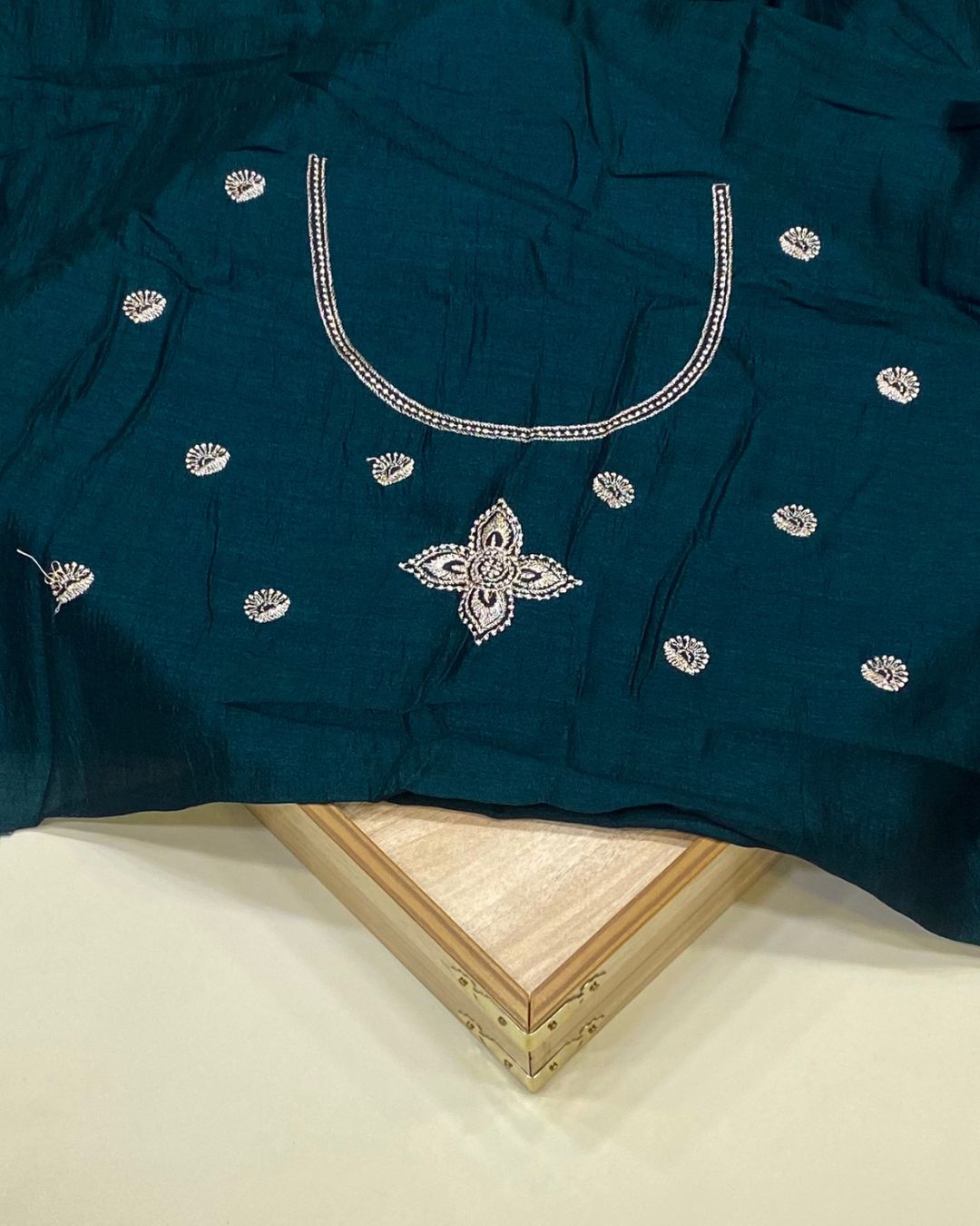 Petrol Blue Colour Vichitra Silk Wok Saree