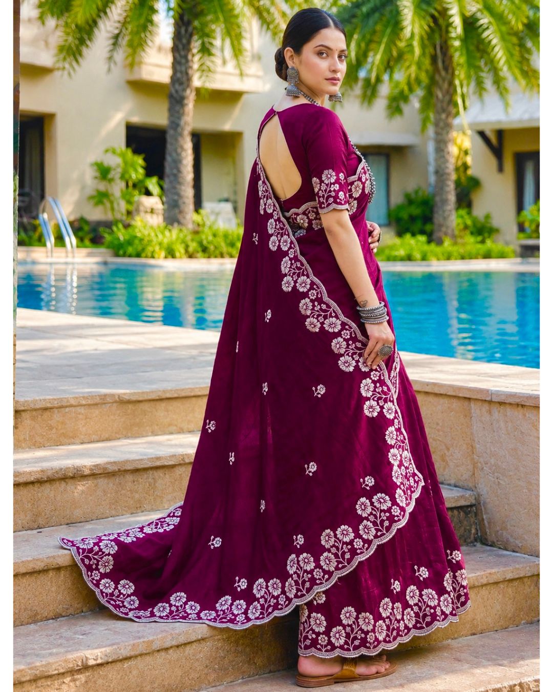 Wine Colour Vichitra Silk Cut Wok Border Saree