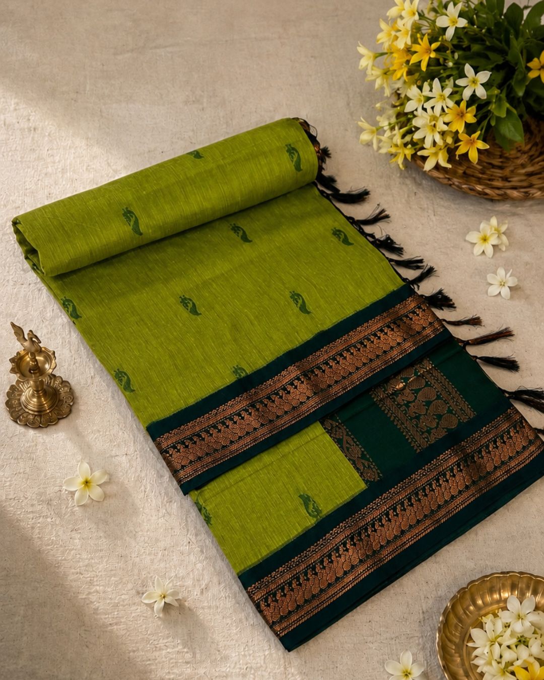 Parrot Green Colour Gadwal Cotton Silk Saree
