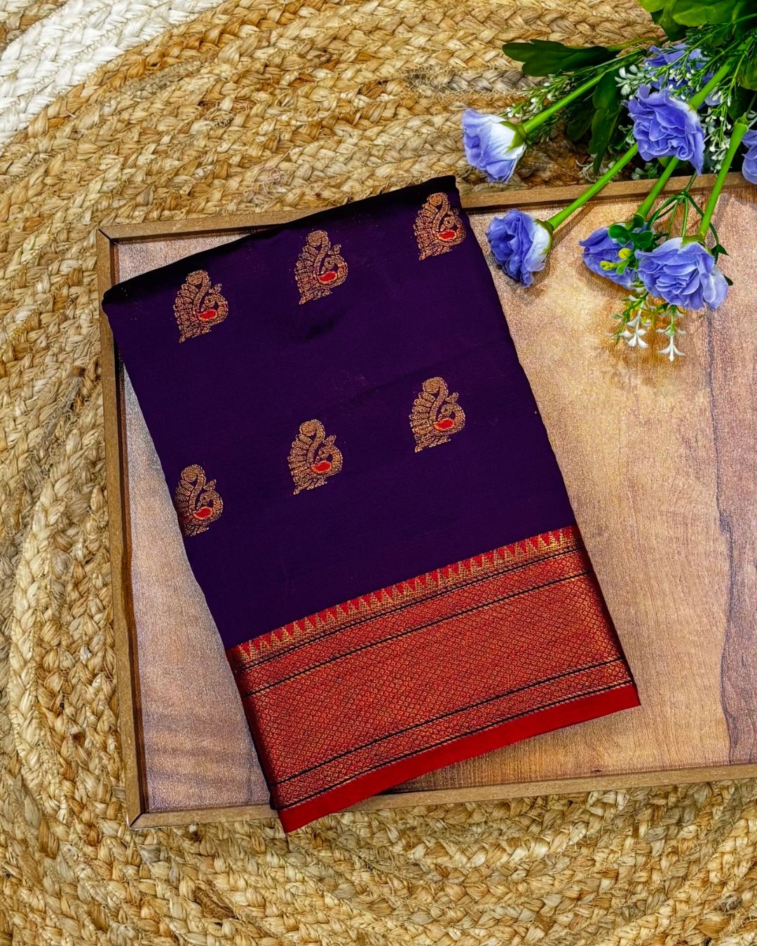 Wine Colour Semi Silk Temple Border Zari Saree