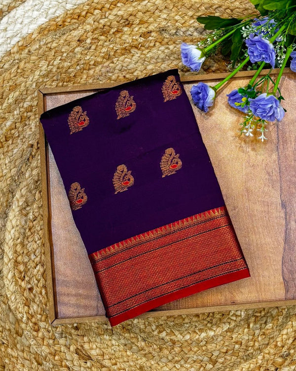 Wine Colour Semi Silk Temple Border Zari Saree