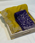 Dusty Lemon Yellow Colour Shimmer Georgette Saree with Embroidery Work