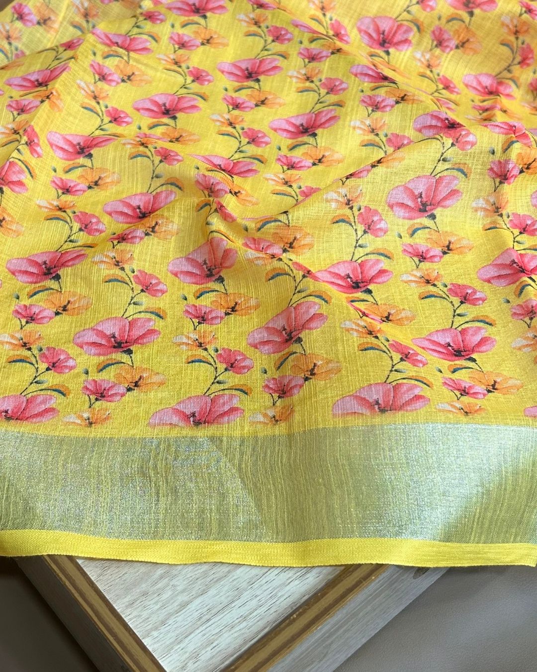 Yellow Colour Linen Cotton Digital Printed Saree