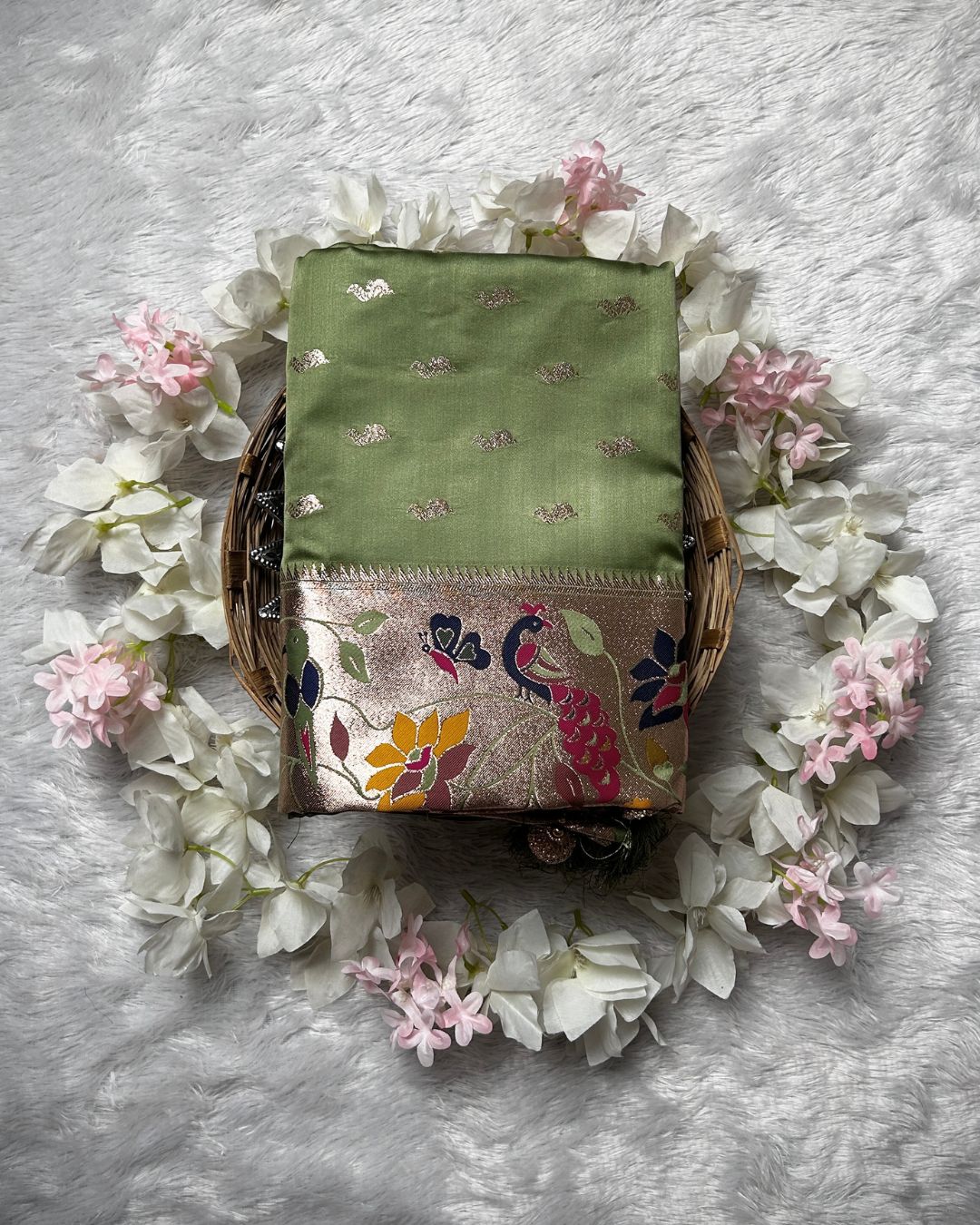 Sage Green Colour Soft Satin Silk Peacock Butti Saree