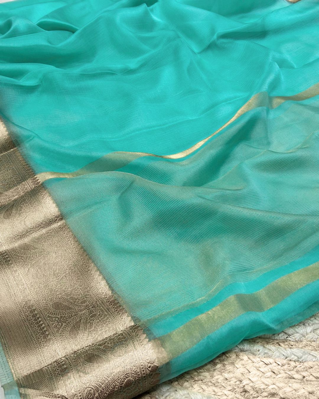 Turquoise Colour Organza Zari Border Saree