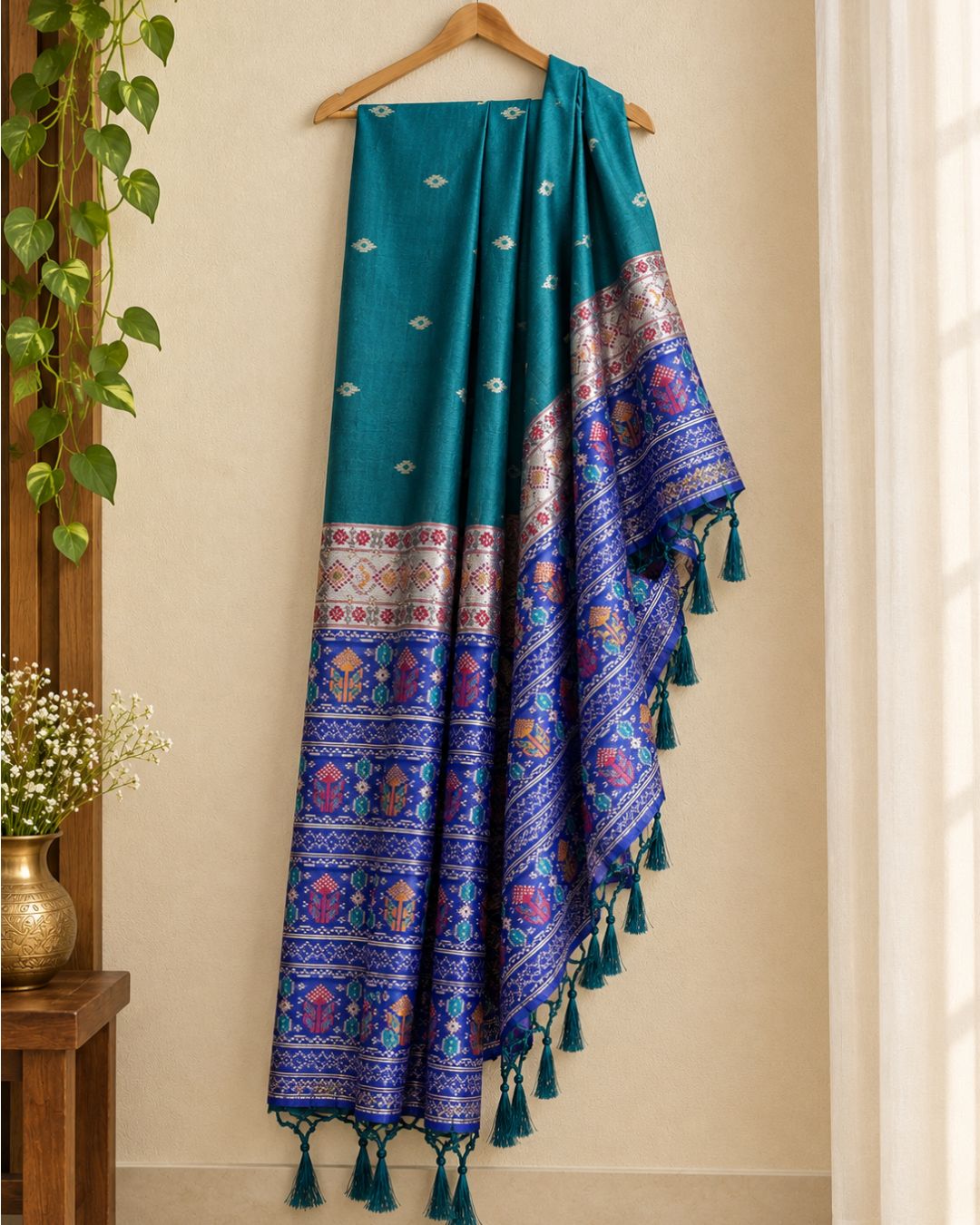 Rama Green Colour Cotton Jamdani Saree with Patola Print rich Pallu