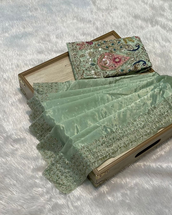 Pista Green Colour Chinnon Silk Saree With Heavy work Blouse Piece