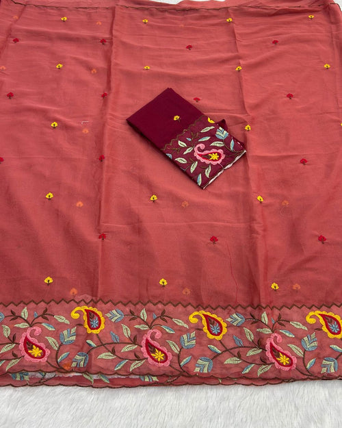 Burgundy Colour Shimmer Georgette Thread Work Saree