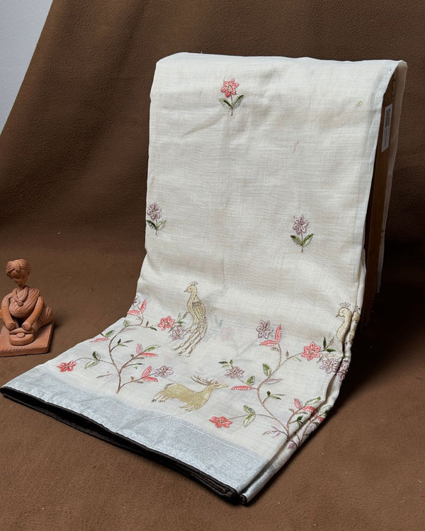 Cream Beige Colour Linen Cotton Thread work Saree