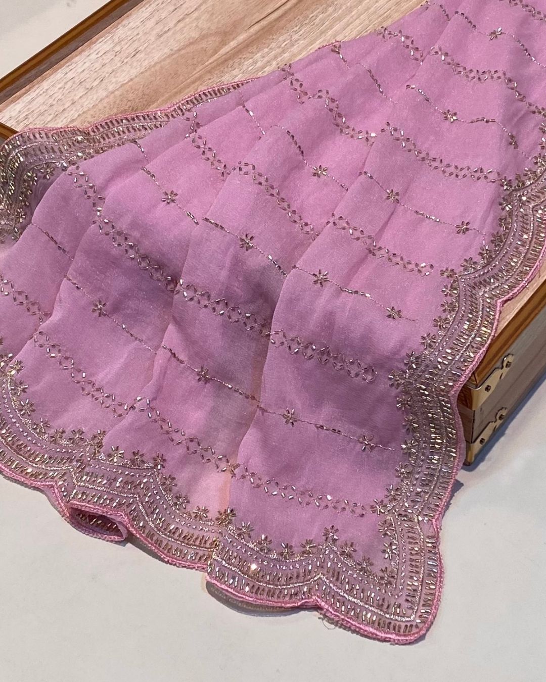 Pink Colour Shimmer Georgette Saree with Bead Work