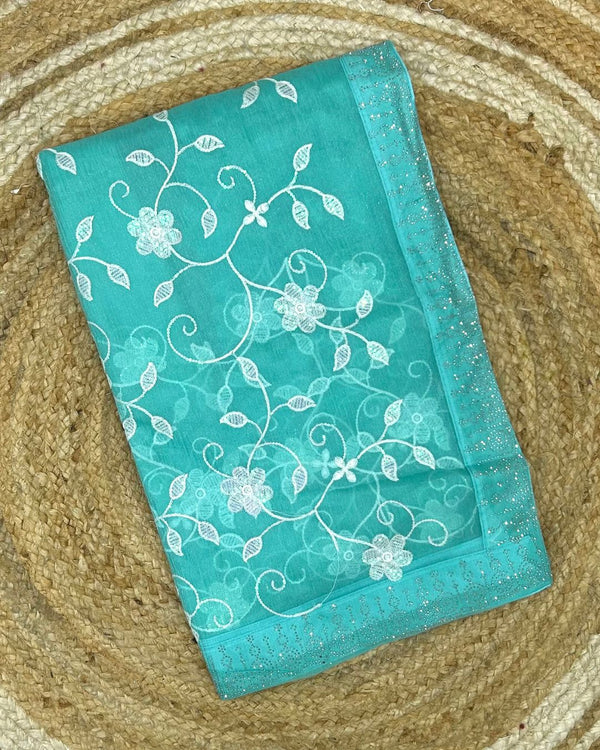 Light Turquoise Colour Twill Net Sequin Work Saree
