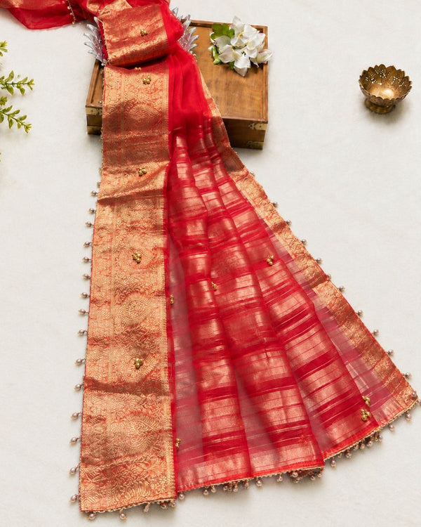 Red colour Designer Organza Silk Saree with Bead Tassels & Gungroo