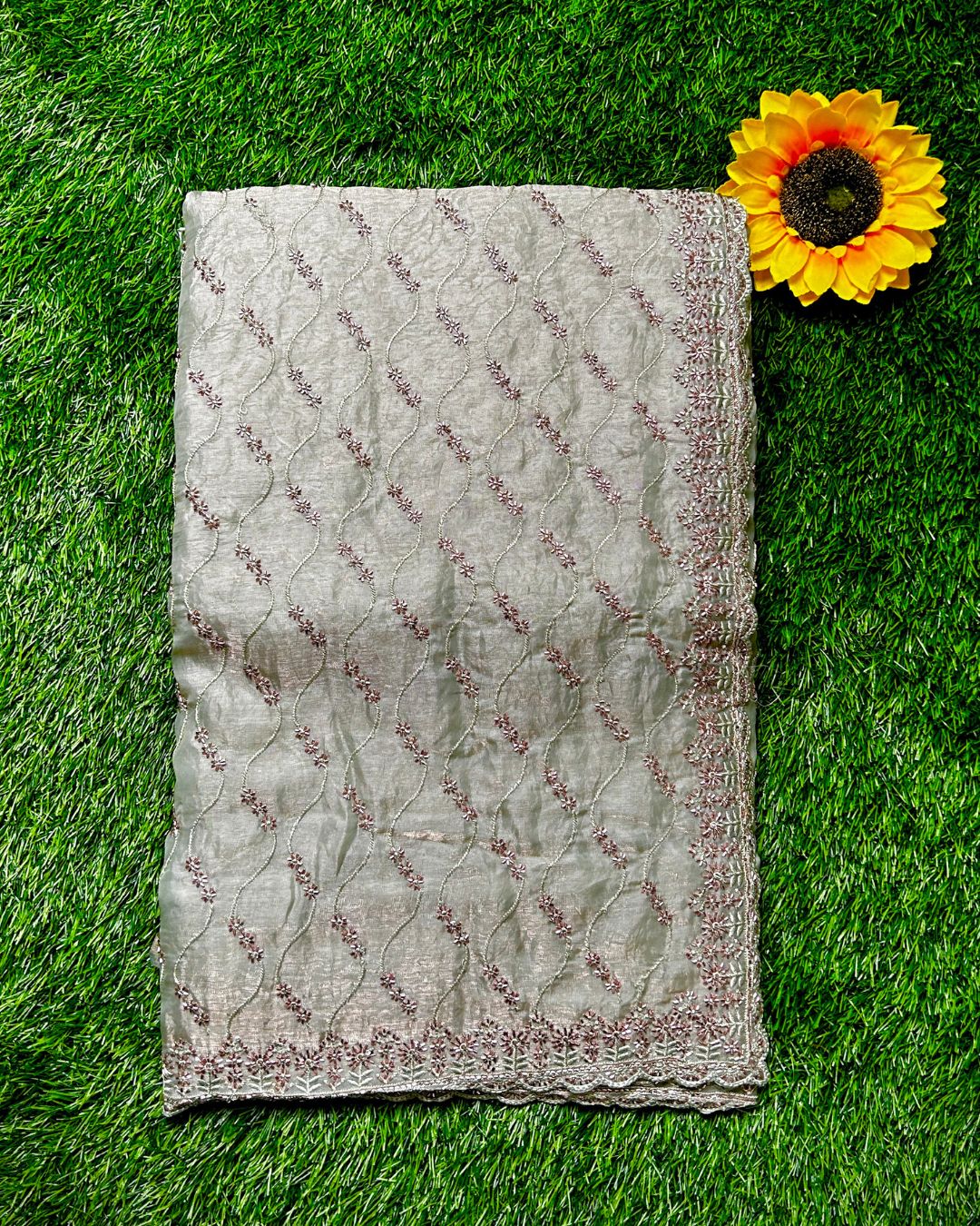 Silver Grey Colour Fandy Satin Silk Saree with Bead Work
