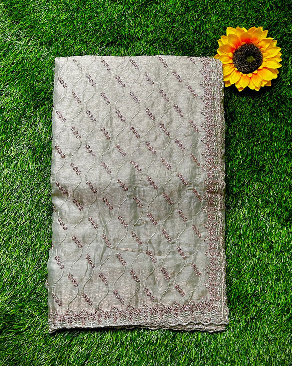 Silver Grey Colour Fandy Satin Silk Saree with Bead Work