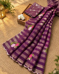 Wine Colour Floral Golden Zari Border Saree
