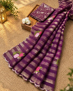 Wine Colour Floral Golden Zari Border Saree
