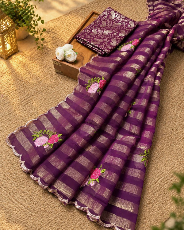 Wine Colour Floral Golden Zari Border Saree