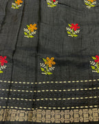Black Colour Katha Work Cotton Saree