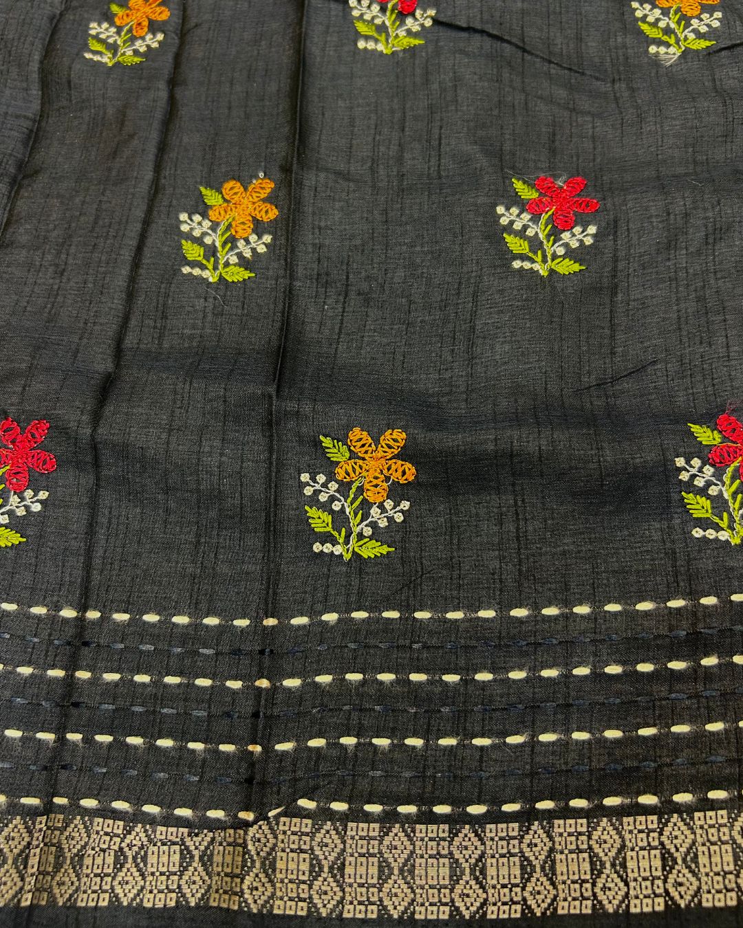 Black Colour Katha Work Cotton Saree